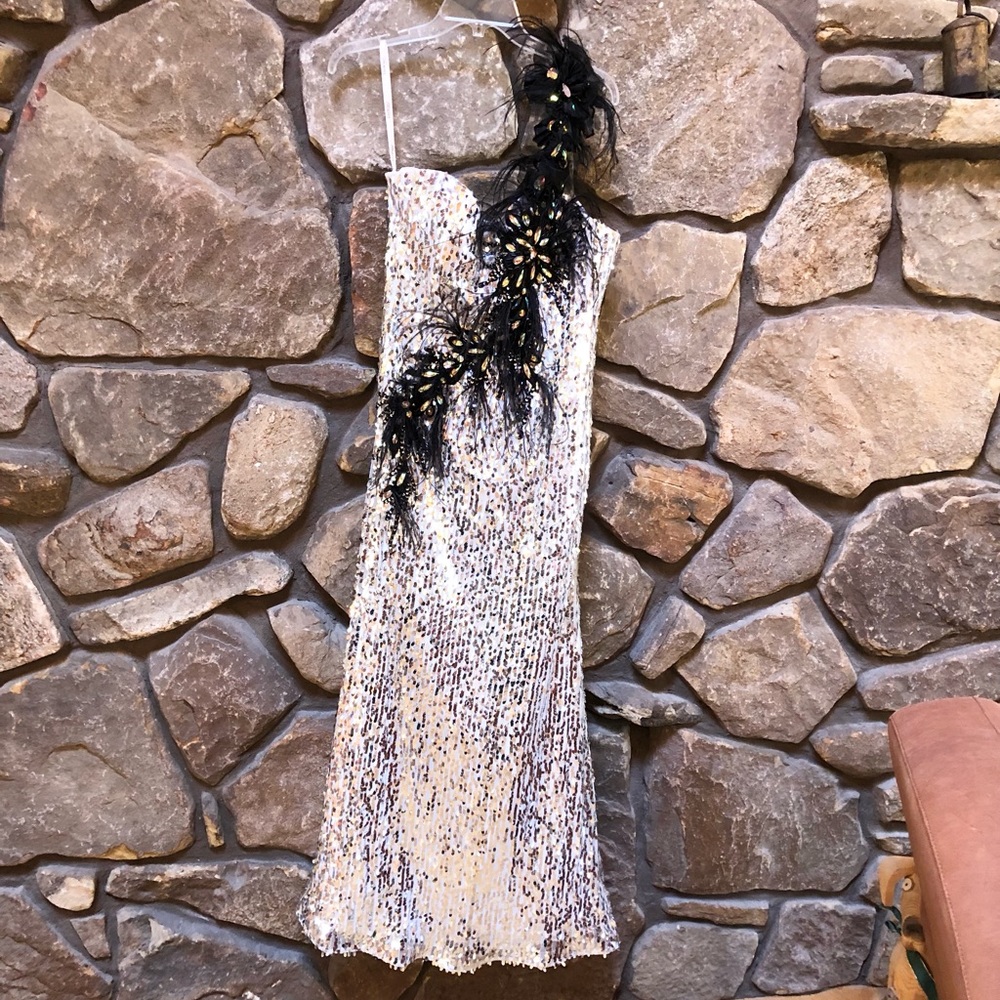 Tony Bowls Silver Sequined One-Shoulder Prom Dress